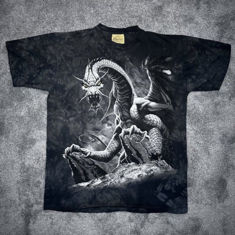 Vintage 2001 The Mountain Tie Dye Black Dragon Gray T-Shirt Mens Large
